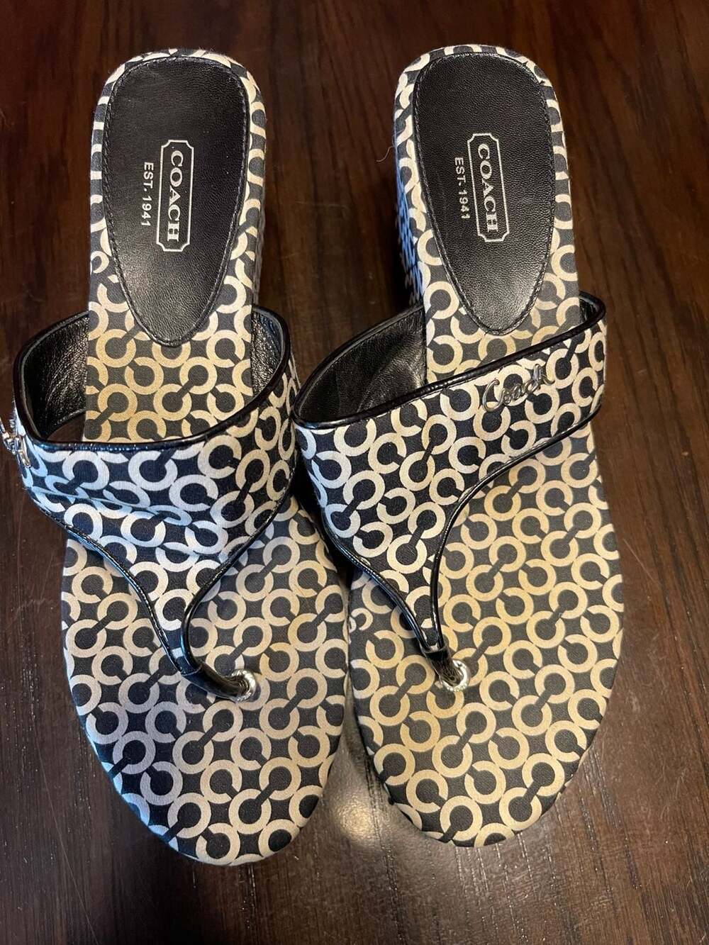 Coach Felecia wedge sandals in black and white logo print